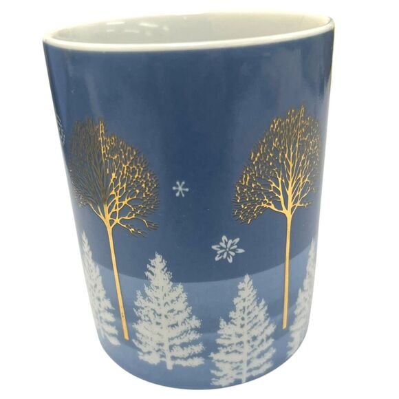 Vintage Andre Richard Blue Christmas Cup & Plate Set Snow Gold Trees Japan - Picture 5 of 10